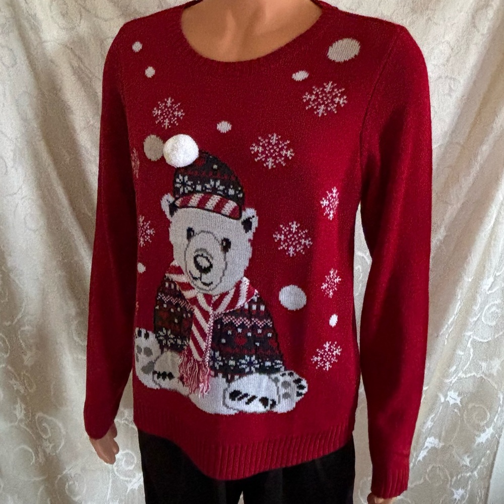 Karen Scott Mens XL Red Christmas Sweater With Polar Bear Wearing Scarf (NWT)